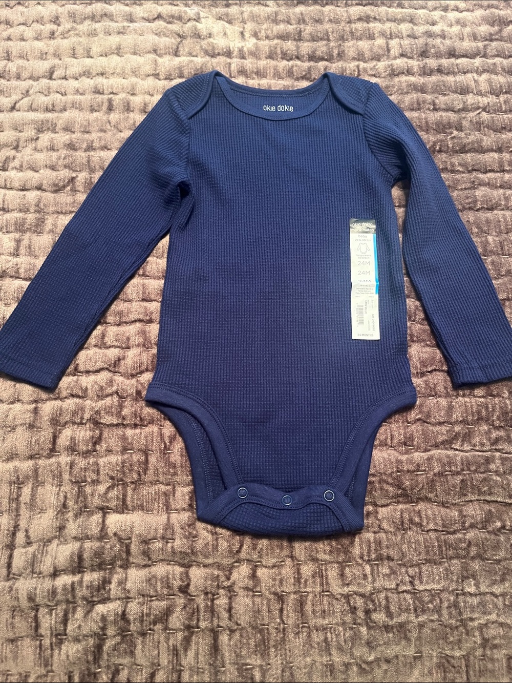 okie dokie Navy Long-Sleeve Waffle-Texture Bodysuit